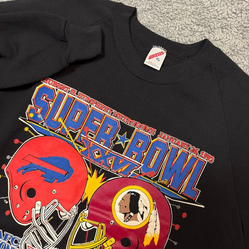Vintage 1992 Jerzees Super Bowl XXVI Black Crewneck Bills vs Redskins NOS NWOT